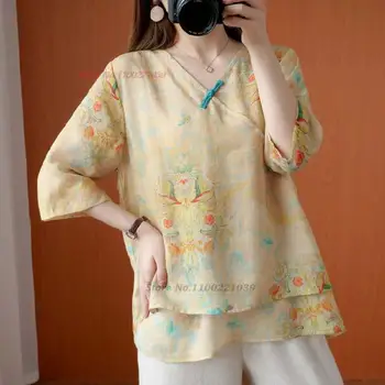 2023 китайские винтажные топы hanfu, блузка с национальным цветочным принтом, костюм тан, элегантная хлопчатобумажная льняная рубашка в стиле харадзюку, блузка в восточном стиле в стиле ретро