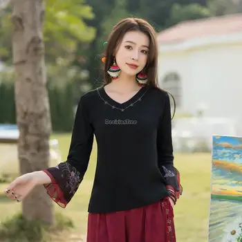 2023 китайский национальный стиль, весенне-летняя рубашка с вышивкой с v-образным вырезом и длинным рукавом в национальном стиле, повседневная ретро-блузка s158