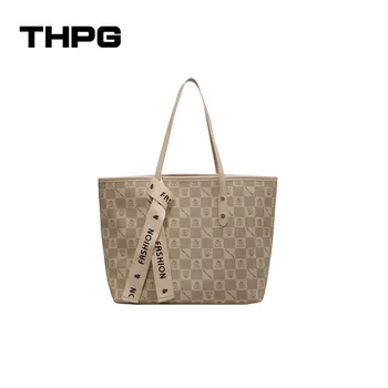 THPG 2023 Новые женские модные вещи, сумка с принтом, сумка через плечо из искусственной кожи в клетку, роскошный дизайн, сумки через плечо большой емкости