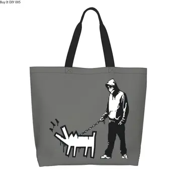 Бандит Бэнкси с лающей собакой, сумка для покупок из бакалейных товаров, холщовая сумка-тоут с принтом, сумка через плечо, художественная сумка большой емкости