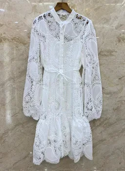 Высококачественное Новое кружевное платье в летнем стиле 2023, женское Повседневное белое платье с длинным рукавом и кружевной вышивкой, клубная одежда