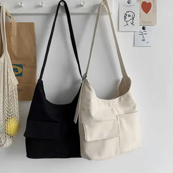 Женская модная сумка Hylhexyr, холщовые сумки через плечо большой емкости, Ins, однотонная повседневная сумка с несколькими карманами