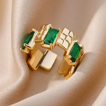 Кольца с зеленым цирконием Для женщин, нержавеющая сталь, позолоченное открывающее кольцо, Обручальные Свадебные украшения, подарок, Прямая поставка
