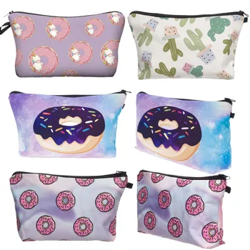 Косметички с рисунком пончика и кактуса с 3D-печатью, многоцветные Милые косметички для путешествий, женская сумка-органайзер, набор туалетных принадлежностей