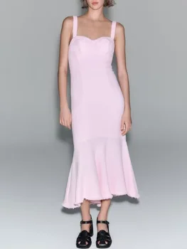 Летняя новая женская одежда элегантное модное розовое платье на подтяжках sweet Ruili средней длины с многослойной декоративной текстурой