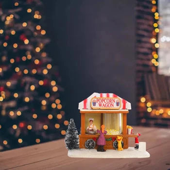 Рождественский домик F2TE со светодиодной подсветкой, фургон для попкорна из смолы, музыкальный анимированный деревенский декор