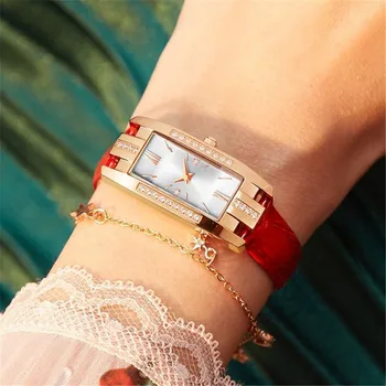 Роскошные кварцевые часы для женщин, Новые женские кожаные наручные часы с квадратными бриллиантами, подарок на День Святого Валентина для женщин Reloj Hombre