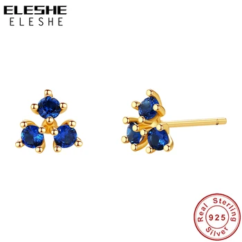 Серьги-гвоздики ELESHE из настоящего серебра 925 пробы с тройным цирконом и 18-каратным позолоченным синим фианитом, крошечные серьги для женщин, изысканные ювелирные изделия