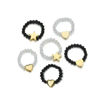 Украшения в стиле бохо ручной работы, нержавеющая сталь, черный, Белый кристалл, Эластичное кольцо с сердечком из бисера для женщин