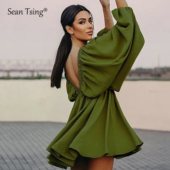 Шикарные Мини-платья Sean Tsing®, Женское Сексуальное Зеленое платье с открытой спиной, глубоким вырезом и рукавом-фонариком, с высокой талией, Повседневное Пляжное платье для путешествий