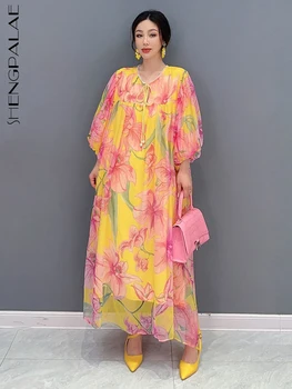 Шифоновое платье с модным принтом SHENGPALAE, завернутое в талию, Красочный цветочный Элегантный Шикарный халат, Женская Летняя новинка 2023 года, одежда 5R3496